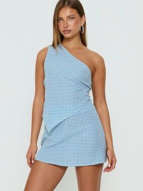 Princess Polly One-Shoulder Light Blue Gingham Skirt Set